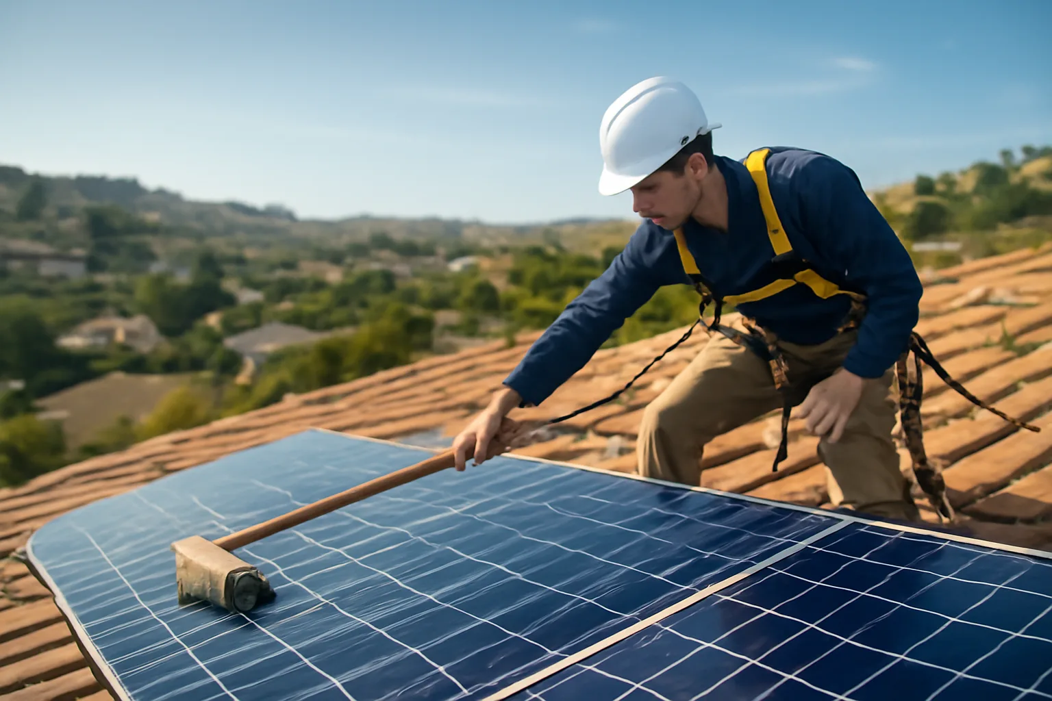 Solar panel cleaning technician with safety harness working on California residential rooftop