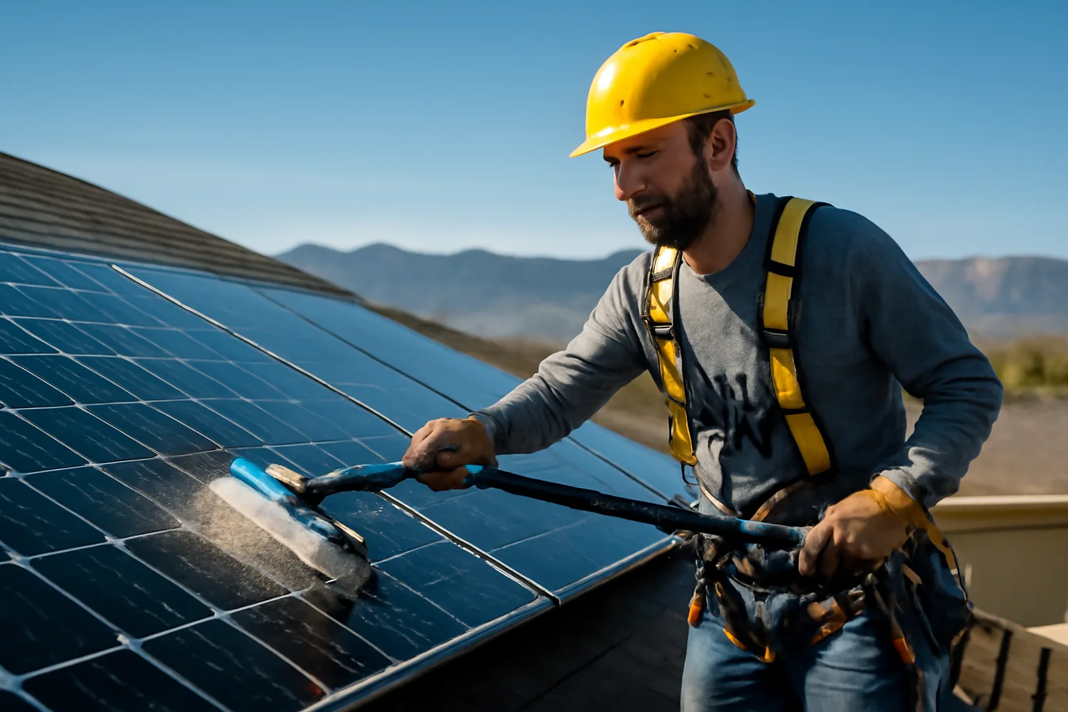 Technician cleaning rooftop solar panels with a water-fed pole on a sunny Colorado morning