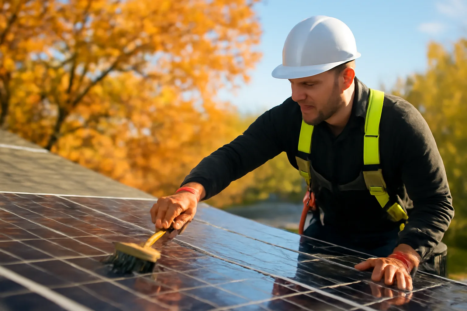 Technician cleaning solar panels on a Connecticut residential rooftop in autumn