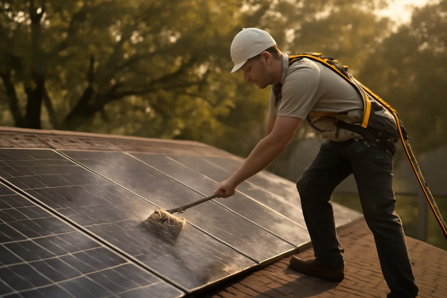 Worker rinsing solar panels on a humid Georgia rooftop